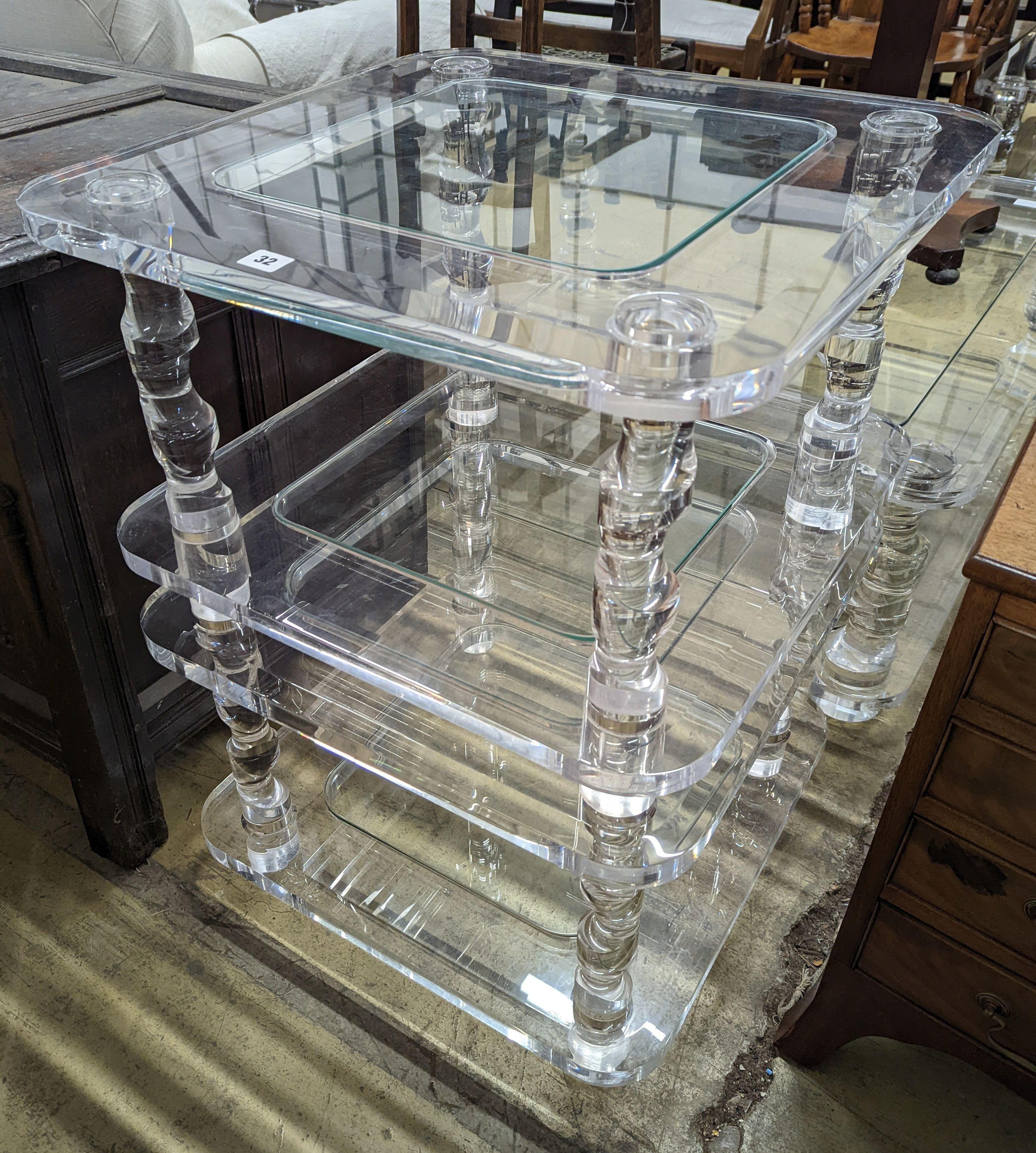 Two contemporary square perspex and glass two tier occasional tables, width 60cm, depth 40cm